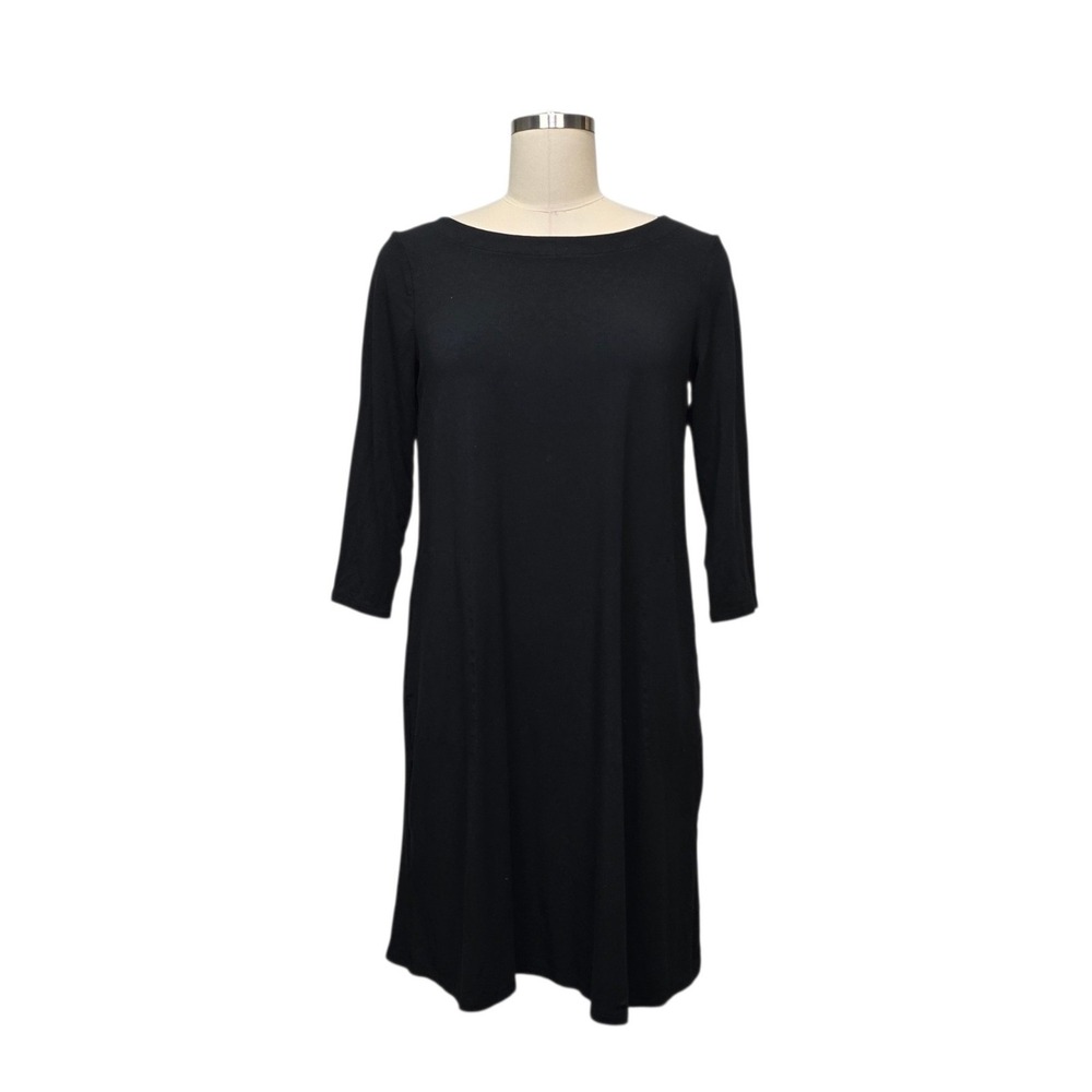 J.Jill Wearever Black Shift Dress XS Petite Boat Neck 3/4 Sleeve Pleated Back